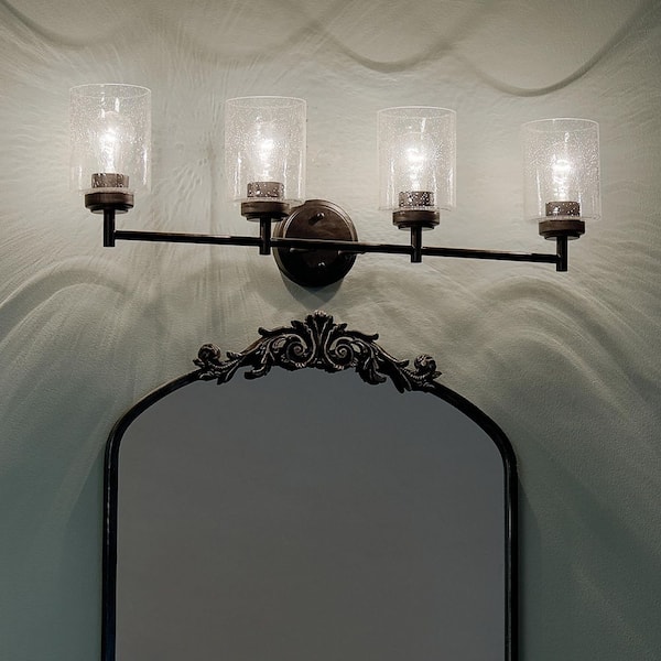 Winslow 30 in. 4-Light Black Contemporary Bathroom Vanity Light with Seeded Glass Shade