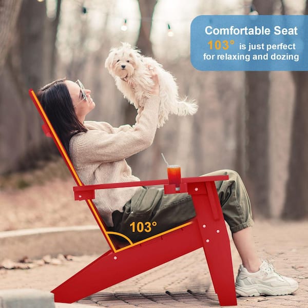 Oversize Modern Red Plastic Outdoor Patio Adirondack Chair with Cup Holder