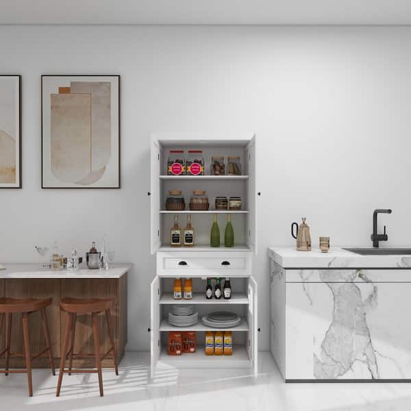 29.92inx15.75nx71.65in White Mi-character MDF Kitchen Cabinet with 4 Doors, 1 Drawer and 2 Adjustable Shelves