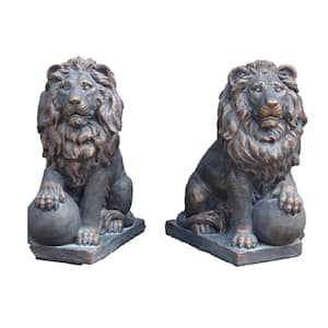27 in. Tall Magnesium Lion Sentry Statues with Ball Marloi and Antonio in Bronze (Set of 2)