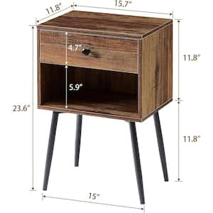 Nightstands (Set of 2), Industrial 2-Tier Wood End Tables with Storage Drawer, Mid-Century Modern Side Tables, Brown