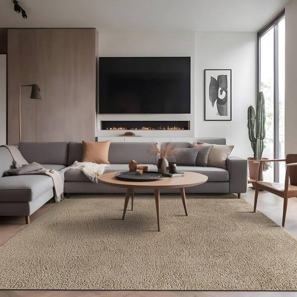 Silky Beige 5 ft. x 7 ft. Solid Plus Thick Pile Non Slip Easy Clean Non Shedding Modern Indoor Area Rug