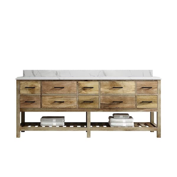 Parker Mango 84 in. W x 22 in. D x 36 in. H Double Sink Bath Vanity in Natural Mango with Cove Edge Calacatta Quartz Top