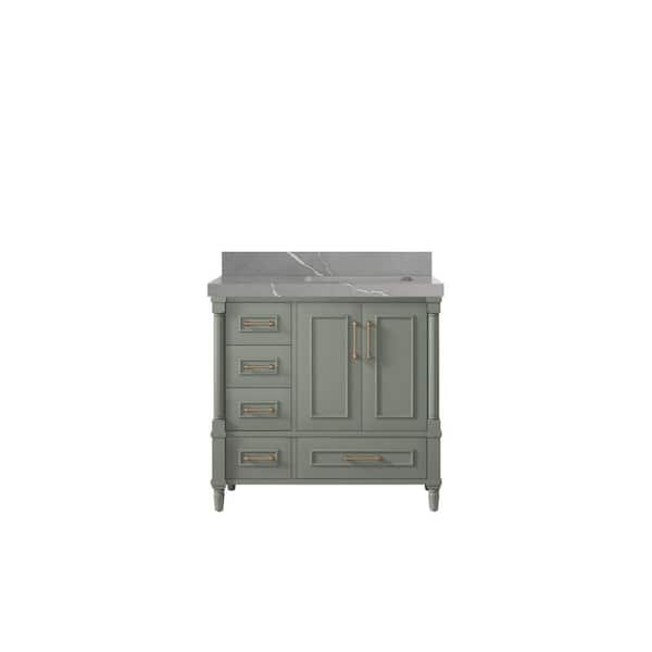 Willow Collections Hudson 36 in. W x 22 in. D x 36 in. H Right Offset Sink Bath Vanity in Evergreen with 2 in. Piatra Gray Qt. Top