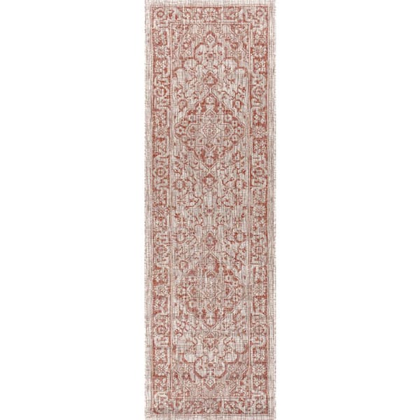 Rozetta Red/Taupe 2 ft. x 10 ft. Boho Medallion Textured Weave Indoor/Outdoor Runner Rug