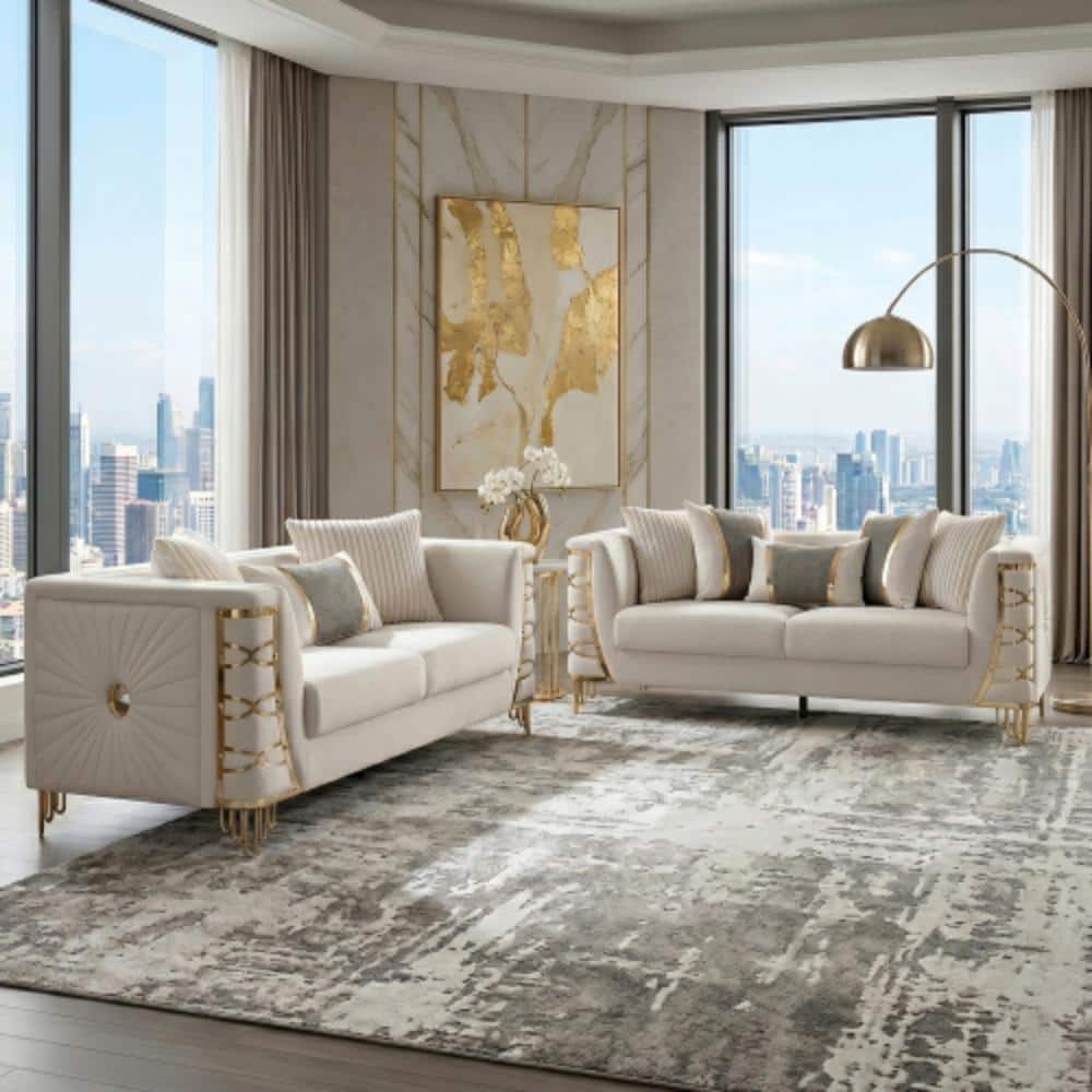 Modern 2-Pc Living Room Set – Sofa + Loveseat, Velvet Fabric, Gold Accents, Beige