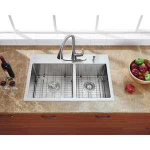Tight Radius Drop-in 16G Stainless Steel 33 in. 4-Hole 60/40 Double Bowl Kitchen Sink with Accessories