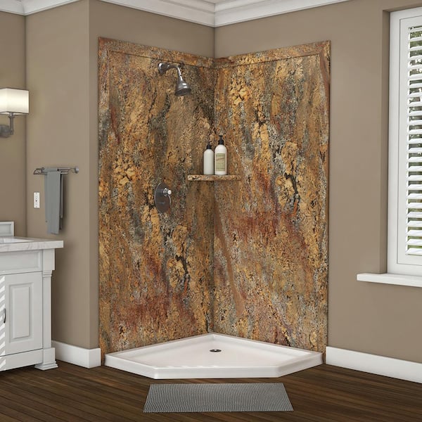 FlexStone Splendor 40 in. x 40 in. x 80 in. 7-Piece Easy Up Adhesive Corner Shower Wall Surround in Crema Bordeaux