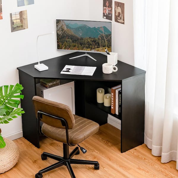 Modern Solid Wood Computer Desks Office Table with PC Droller Storage Shelves and File Cabinet Small Study Writing Desk - Black