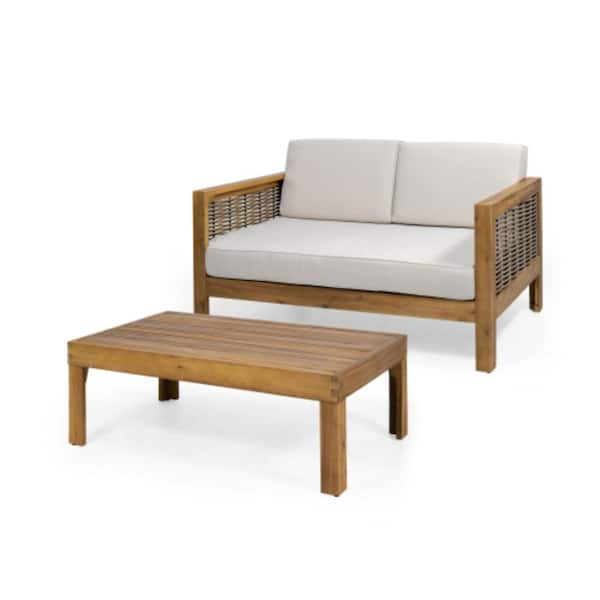 2-Piece Acacia Wood Outdoor Conversation Patio Furniture Set with Beige Cushions