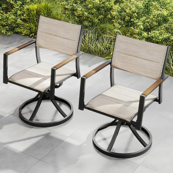 2-Piece Black Aluminum 360-Degree Swivel Outdoor Dining Chair with Teak-Look Armrests
