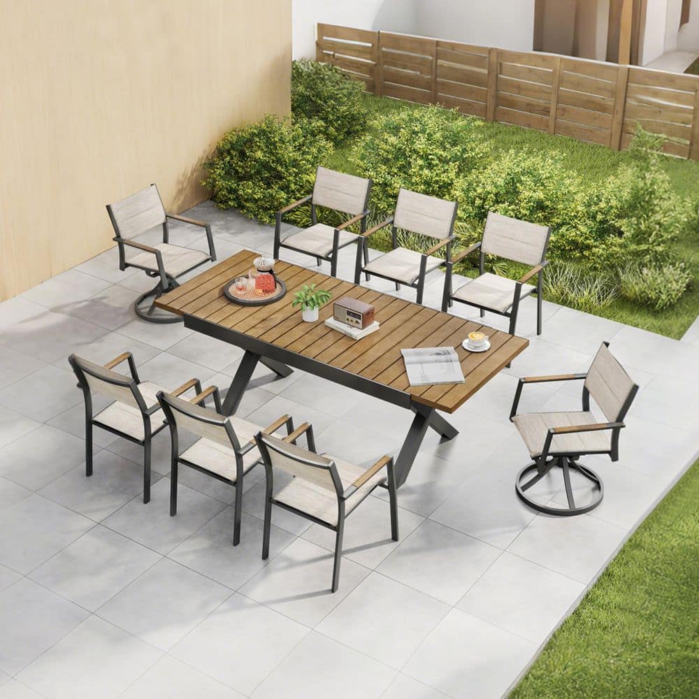 CikaCika Black 9-Piece Aluminum Outdoor Dining Set with 2-swivel