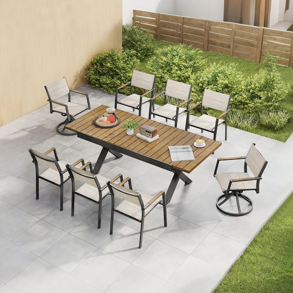 Black 9-Piece Aluminum Outdoor Dining Set with 2-swivel Chairs, 4-Dining Chairs and Rectangular Table
