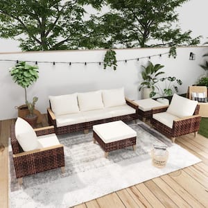 7 Pieces Outdoor High Back Sectional Sofa, All Weather Wicker Patio Conversation Set with Ottomans and White Cushions