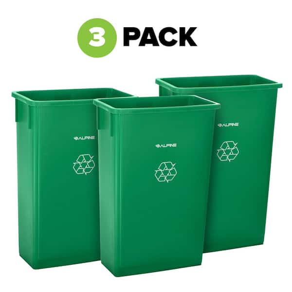 Alpine Industries 23 Gal. Green Open Top Waste Basket Slim Vented Commercial Recycling Bin Garbage Trash Can (3-Pack)
