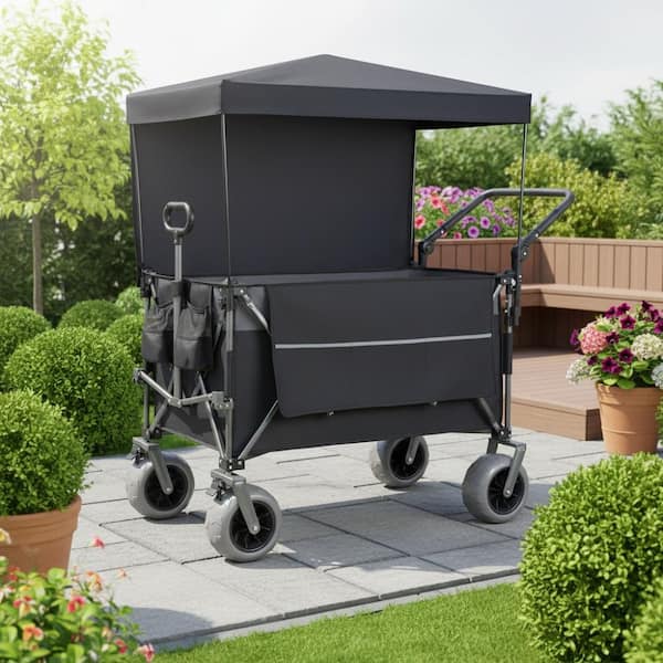 WOQWOQ 49 in Black Push-Pull Outdoor Folding Wagon Cart with