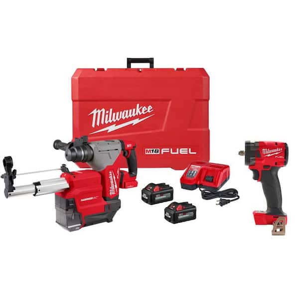 M18 FUEL 18V Lith-Ion Brushless 1-1/8 in. Cordless SDS-Plus Rotary Hammer, Two Batteries & 3/8 in. Impact Wrench