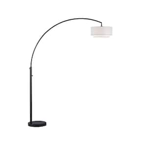 Elena II 82 in. Dark Bronze Double White Shade LED Arched Floor Lamp with Black Marble Base and Dimmer