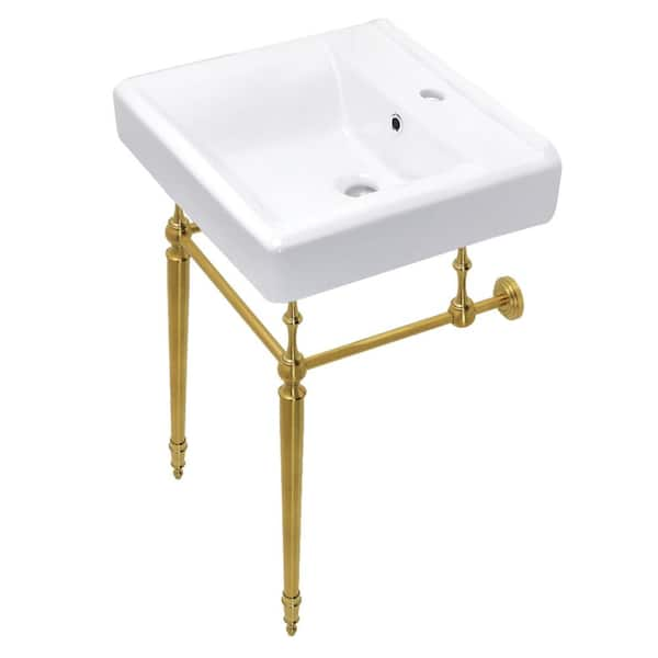 Kingston Brass Edwardian 20 in. Ceramic Console Sink Set with Brass Legs in White/Brushed Brass