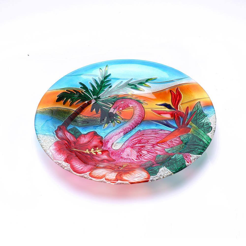 Flamingo Sunset Glass Bird Bath with Metal Stand