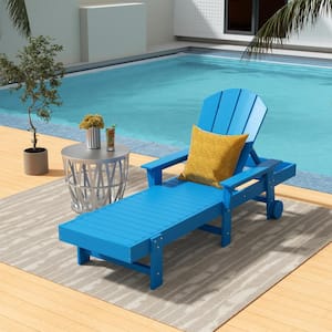 Laguna Pacific Blue HDPE Plastic Outdoor Adjustable Backrest Classic Adirondack Chaise Lounger With Arms And Wheels