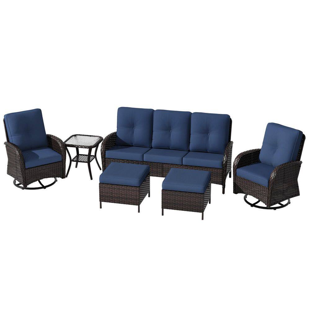 6-Piece Brown Wicker Patio Conversation Set with Side Table, Ottomans and Blue Cushions price history on PriceWatchPro