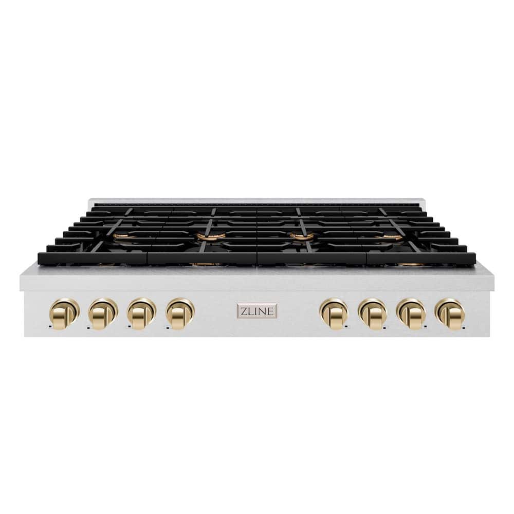 48 in. Autograph Edition Paramount Gas Rangetop with 8 Burners in Satin Steel with Polished Gold Accents