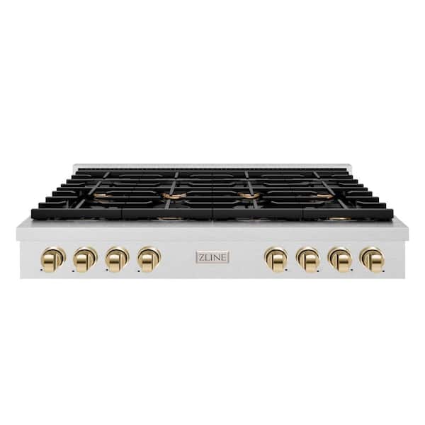 ZLINE Kitchen and Bath 48 in. Autograph Edition Paramount Gas Rangetop with 8 Burners in Satin Steel with Polished Gold Accents