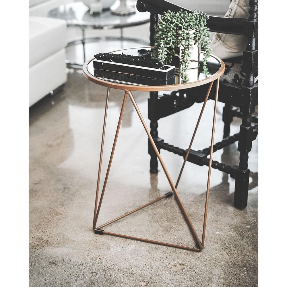 Modern Geometric Gold Metal Round Side Table with Mirrored Top