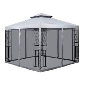 10 ft. x 10 ft. Light Gray Patio Gazebo with Mosquito Net and Corner Shelves