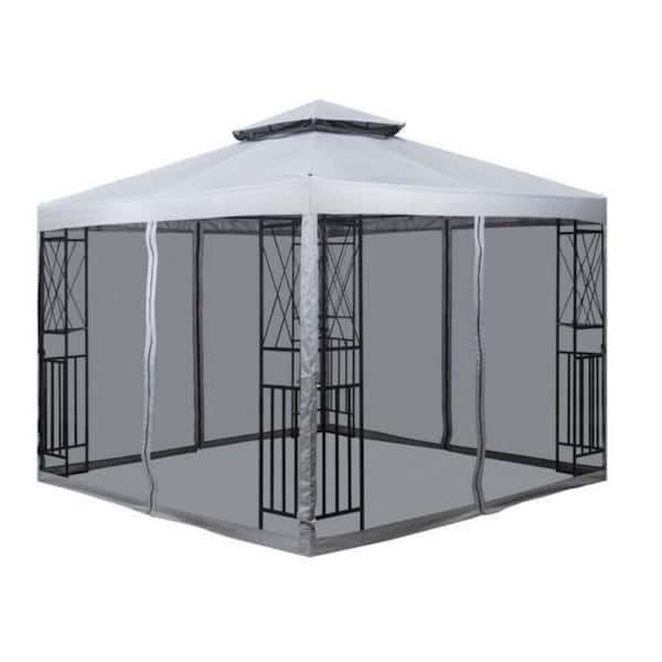 Alpulon 10 ft. x 10 ft. Light Gray Patio Gazebo with Mosquito Net and Corner Shelves