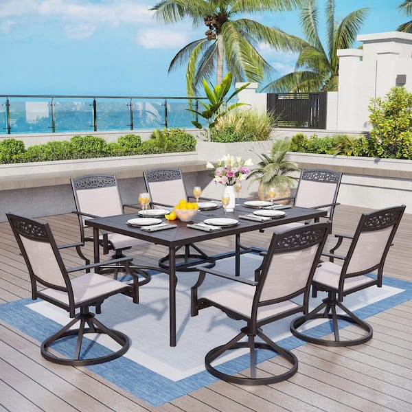 PHI VILLA 7-Piece Black Metal Rectangle Outdoor Dining Set with Table ...