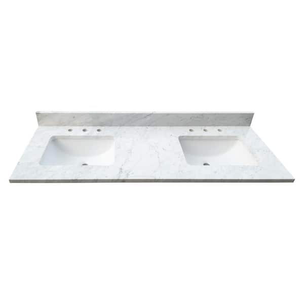 61 in. W x 22 in. D x 1 in. H Bianco Carrara White Marble Double Basin Vanity Top with White Basins