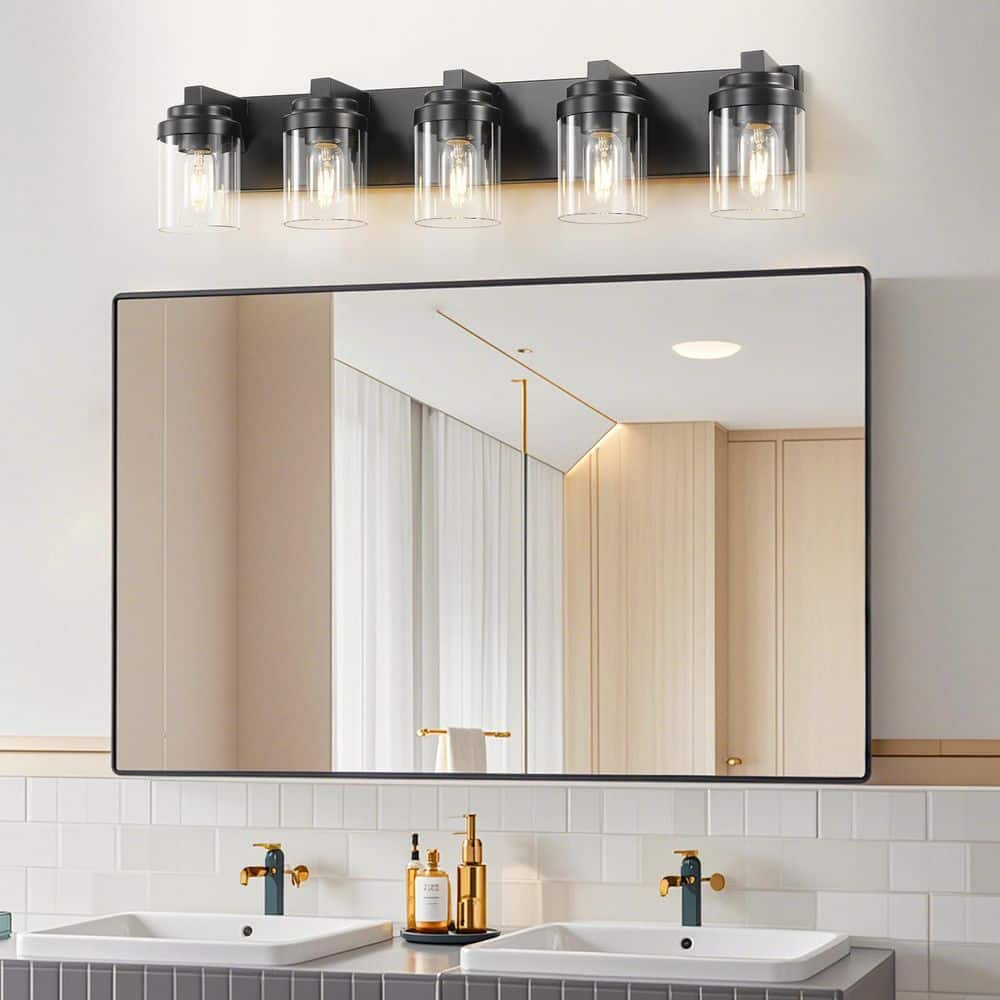 TMFXGX 31 in 5-Light Matte Black Bathroom Vanity Wall Sconce with Clear ...