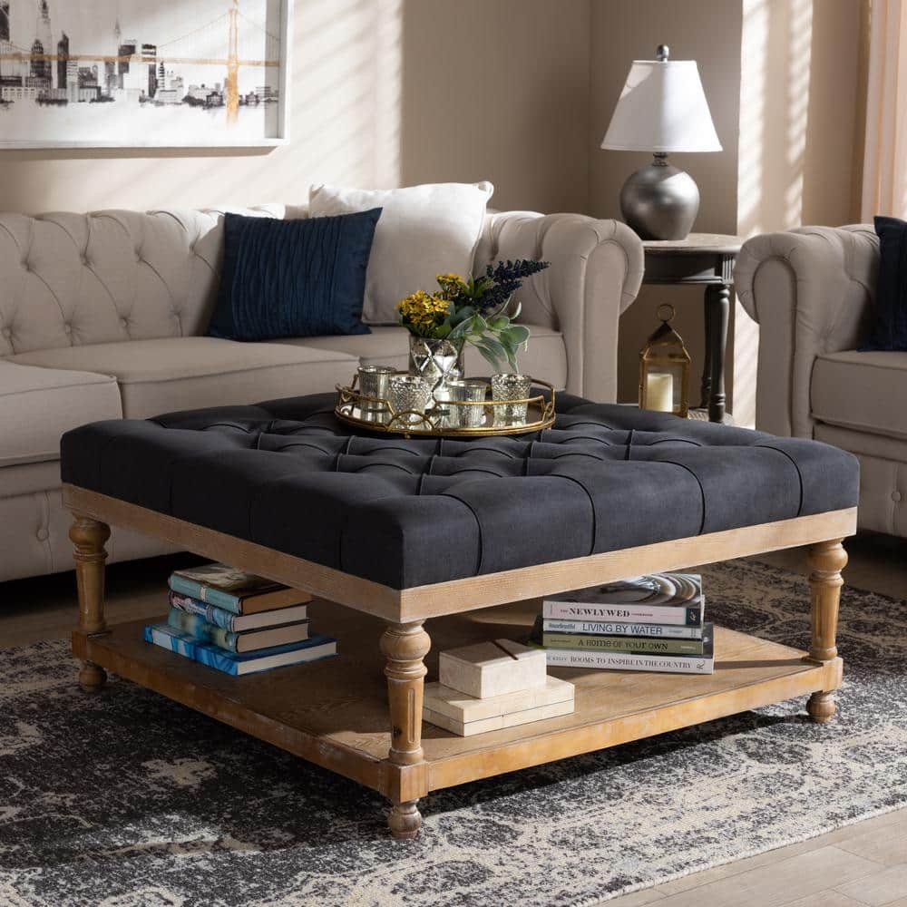 Kelly Charcoal Linen and Greywashed Wood 38" Tufted Cocktail Ottoman