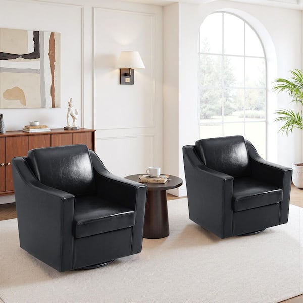 Modern Black Faux Leather Upholstered Swivel Accent Barrel Chair with Metal Base (Set of 2)