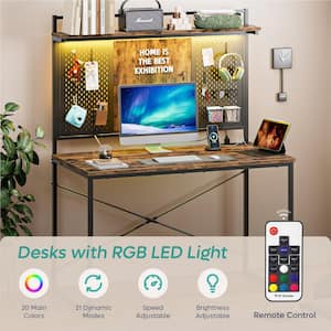 40 in. Rustic Brown Computer Desk with Hutch and Power Outlet,Home Office Desk with RGB LED Lights and Pegboard