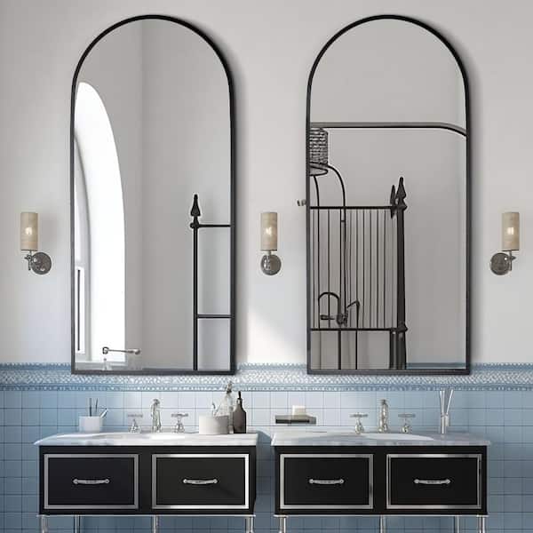 22 in. W x 47 in. H Arched Mirror for Bathroom Entryway Wall Decor Metal Frame Wall Mounted Mirror in Black 2-Pieces