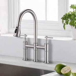 Double-Handle Bridge Kitchen Faucet with Pull-Down Sprayhead in Brushed Nickel