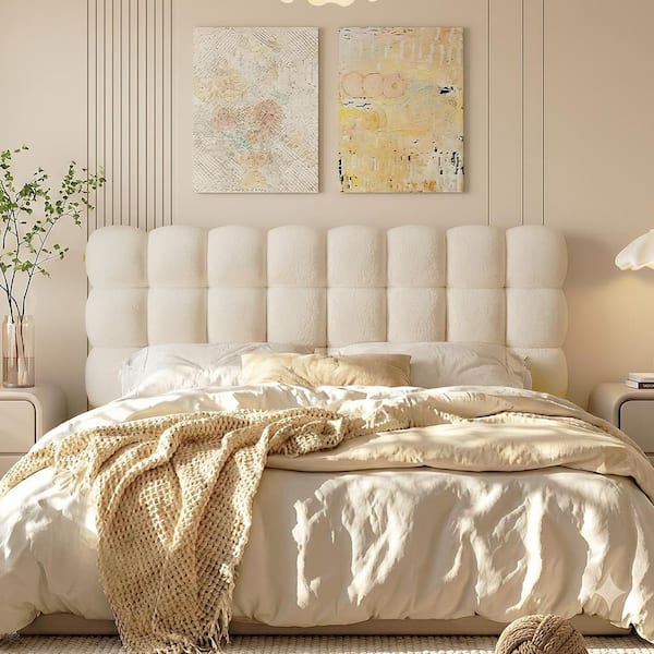 Beige King Size Teddy Fleece Cloud-Shape Upholstered Headboard with High-Density Foam-Soft Plush Bedhead for Bedroom
