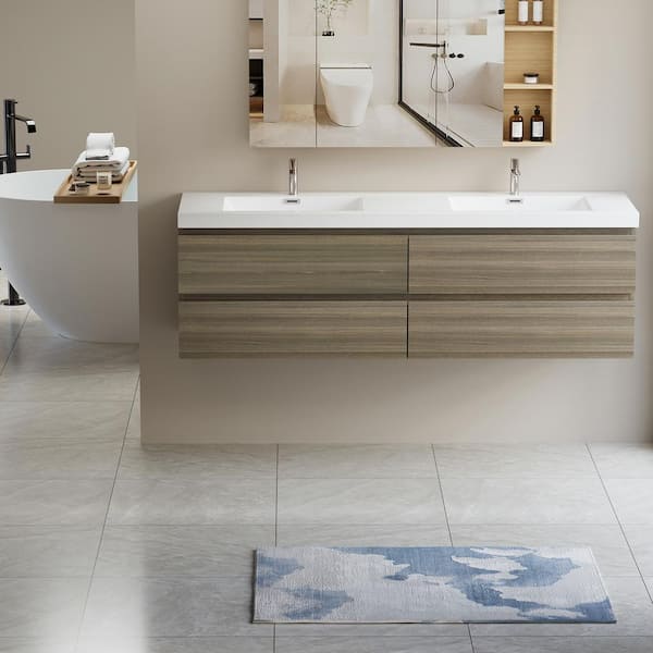 ANGELES HOME 72 in. W Floating Bathroom Vanity in Ash Grey with White Resin Top Basin, 4 Soft Close Drawers