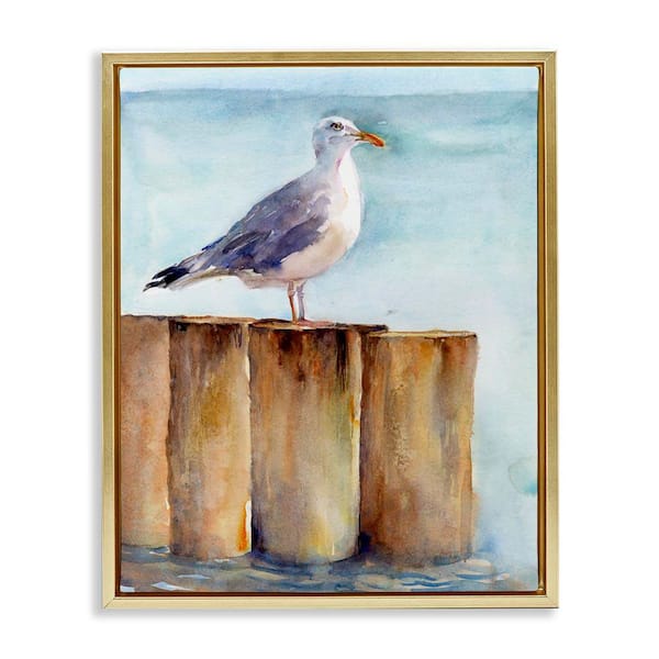 Stupell Industries Seagull's Perch by Sea by John Keeling Gold Floater Frame Coastal Graphic Art Print 31 in. x 25 in.