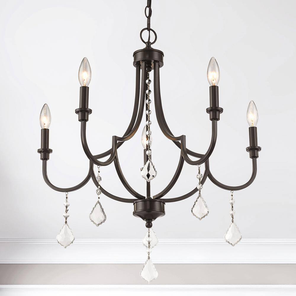 Mini English Bronze 5-Light Crystal Chandelier with Candelabra Bulbs