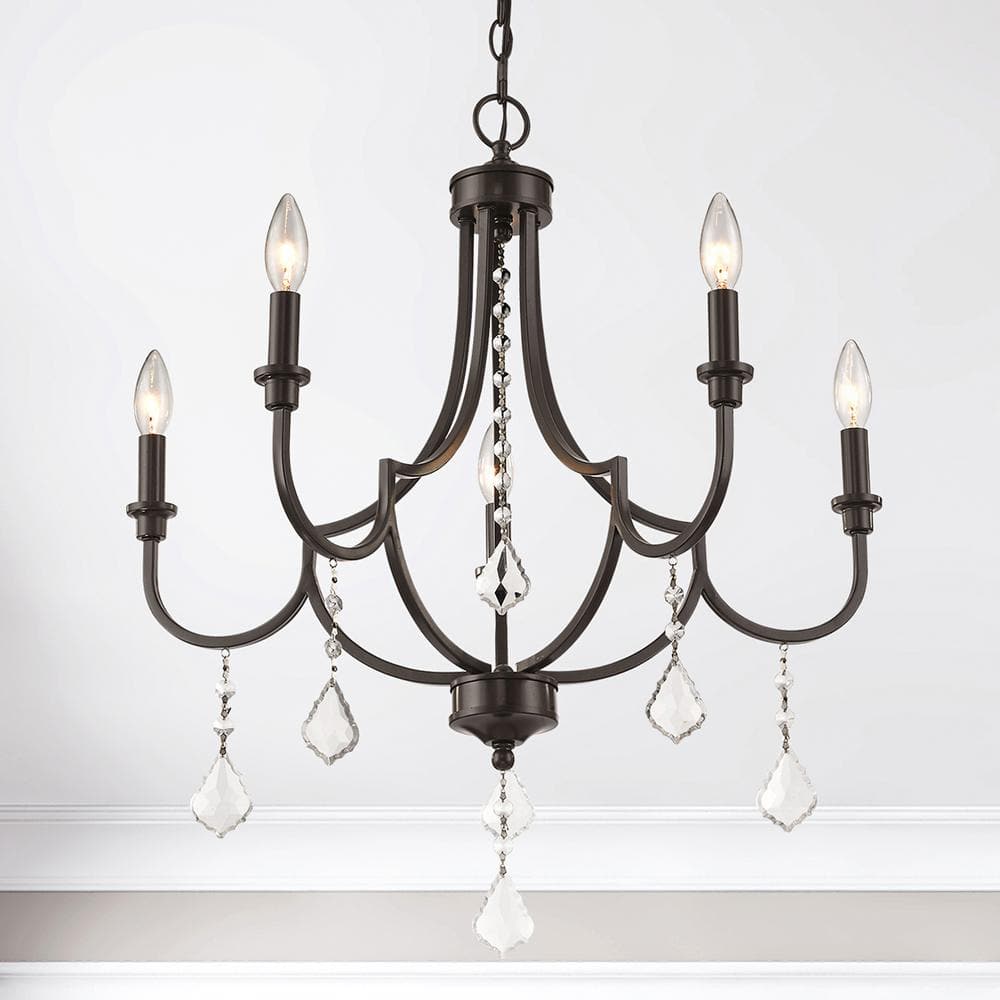 Mini English Bronze 5-Light Crystal Chandelier with Candelabra Bulbs