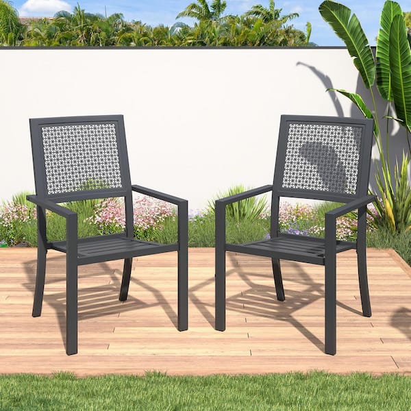 Outdoor Patio Stackable Arm Metal Dining Chairs, Set of 2