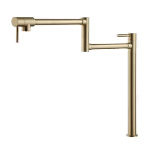Deck Mount Pot Filler Faucet, Folding Kitchen Faucet with Stretchable Double Joint Swing Arms in Brass Brushed Gold