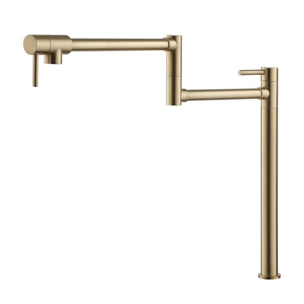 CASAINC Deck Mount Pot Filler Faucet, Folding Kitchen Faucet with Stretchable Double Joint Swing Arms in Brass Brushed Gold