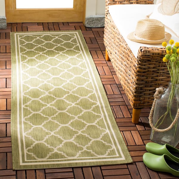 Courtyard Green/Beige 2 ft. x 10 ft. Geometric Indoor/Outdoor Patio  Runner Rug