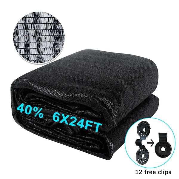 Shatex 6 ft. x 24 ft. Black 40% Sunblock Shade Cloth Cover with Clips for Plants