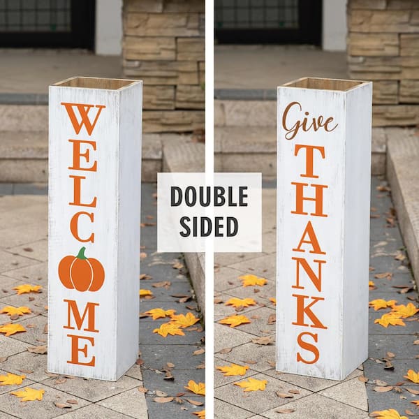 Glitzhome 30 in. H Fall Harvest and Thanksgiving Double Sided Washed White  Wooden Box Shaped Porch Sign 2005600026 - The Home Depot